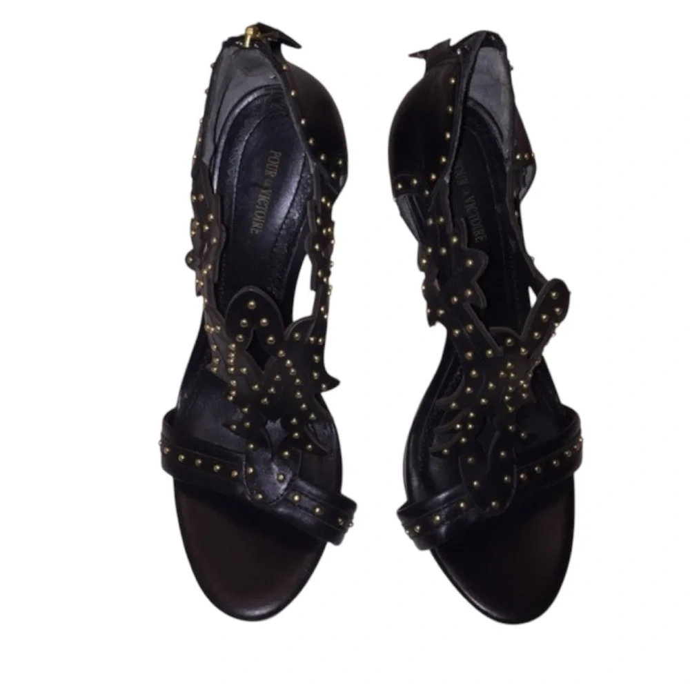 Pour La Victoire Black Leather Heels Studded Open Toe Ankle Straps Women's 7.5